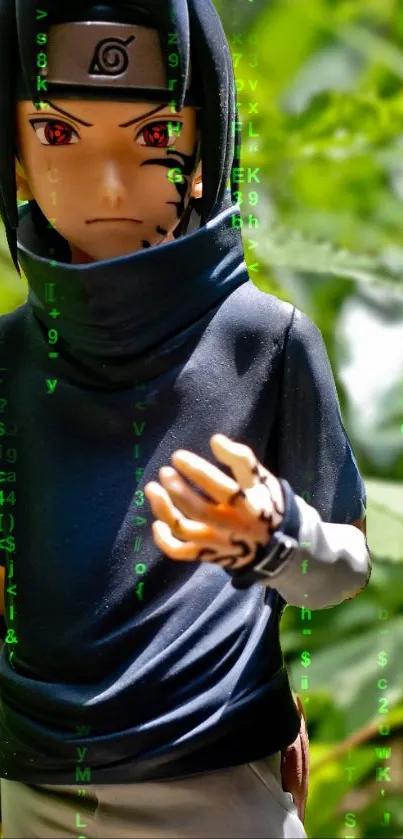 Anime ninja figure surrounded by green leaves.