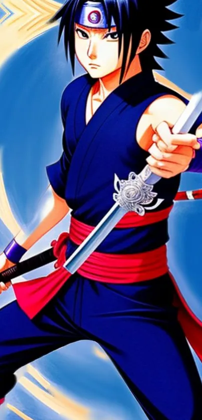 Anime ninja warrior with a sword in dynamic action pose on blue background.