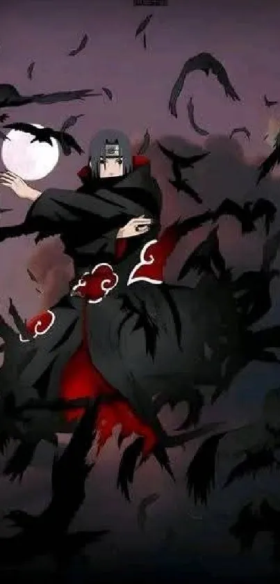 Anime ninja with red and black robe, surrounded by crows under a full moon.