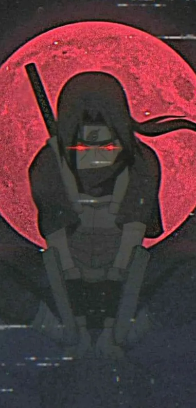 Anime ninja crouching under a red moon in a dark-themed wallpaper.