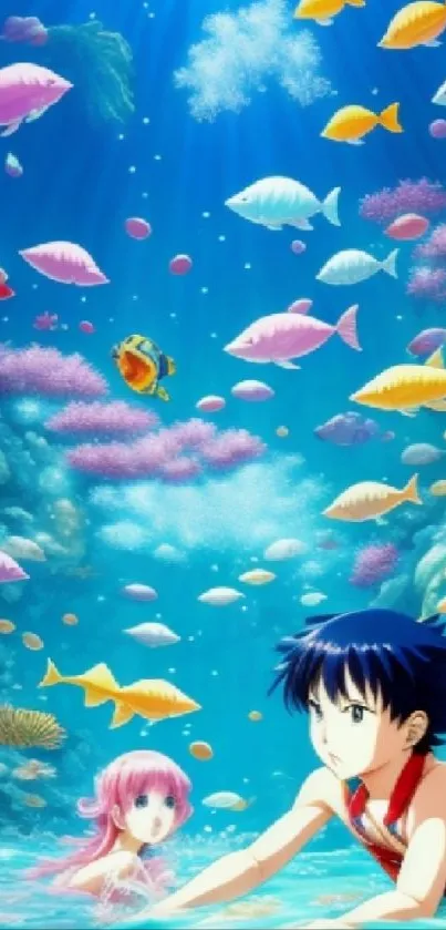 Anime ocean scene with vibrant fish and two characters exploring.