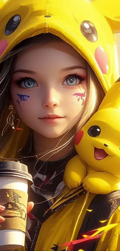 Anime girl in yellow hoodie with Pikachu plushie, holding a cup.