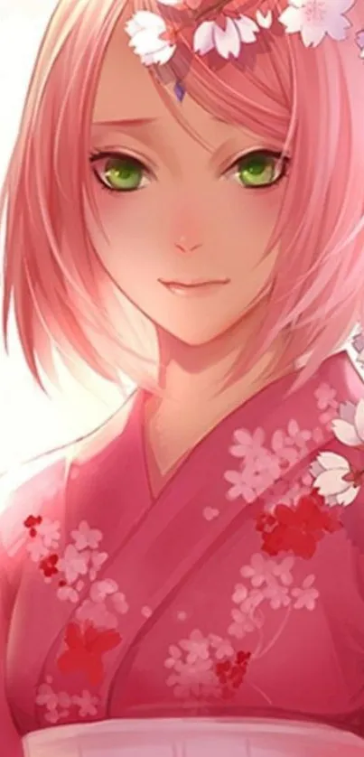 Anime character with pink hair and cherry blossoms.