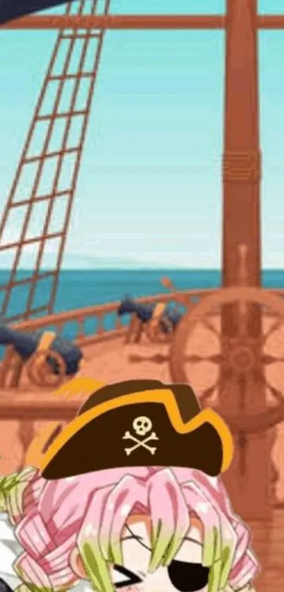 Anime pirate on ship with ocean backdrop.