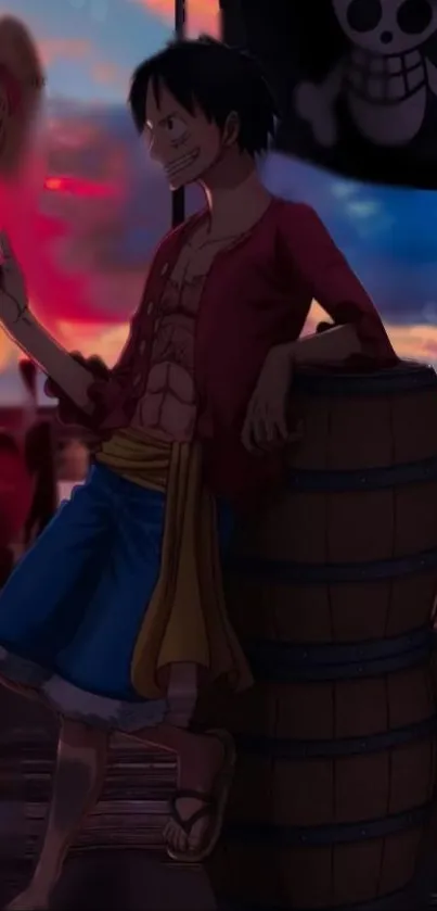 Anime pirate leans on a barrel with sunset sky.