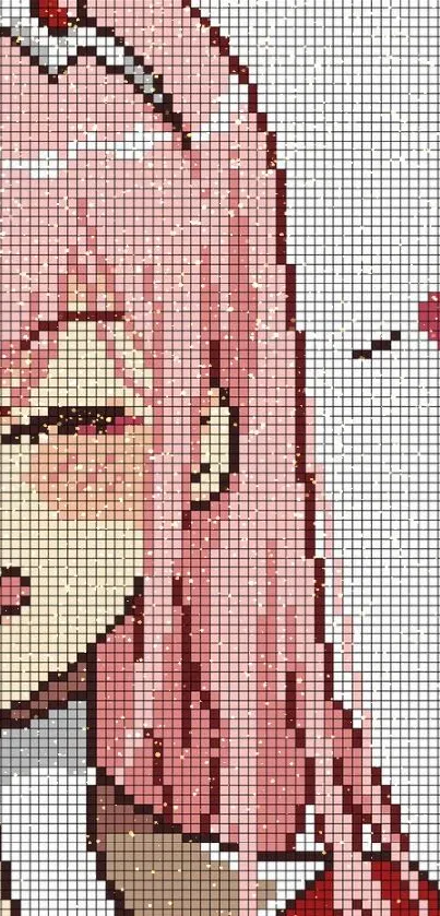 Anime pixel art of character with pink hair and heart symbol.