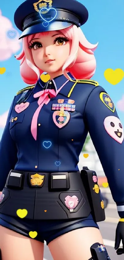 Anime police character in stylish uniform against a vibrant city backdrop.