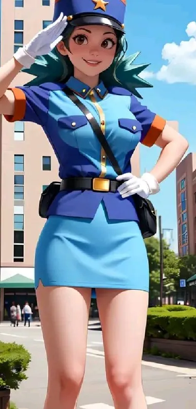 Anime police officer standing in city background.