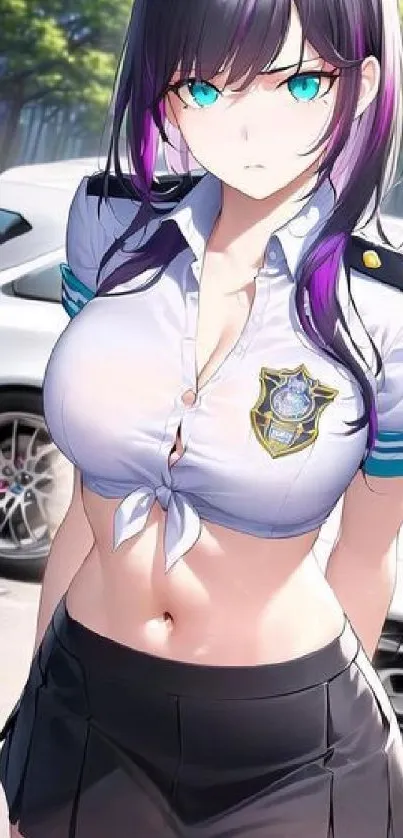 Anime police officer in vibrant street scene wallpaper.