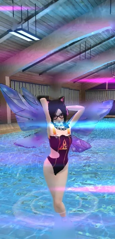 Anime character with wings by a poolside in vibrant colors.