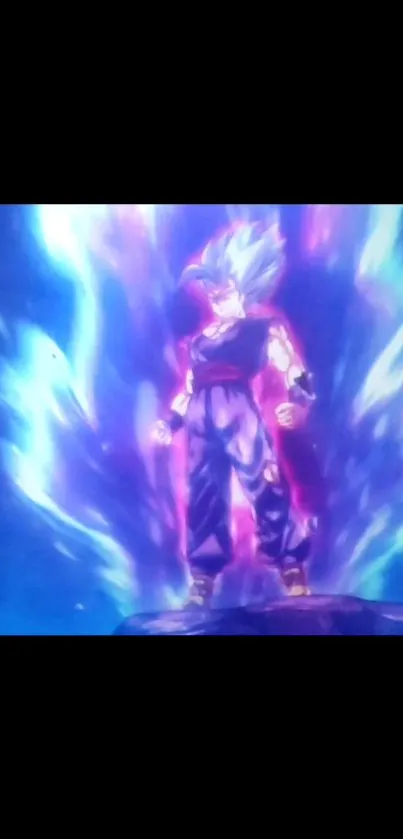 Anime character with vibrant power aura in dark blue tones.