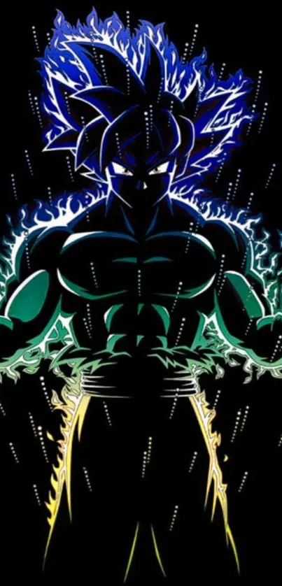 Anime figure with glowing aura in black background.