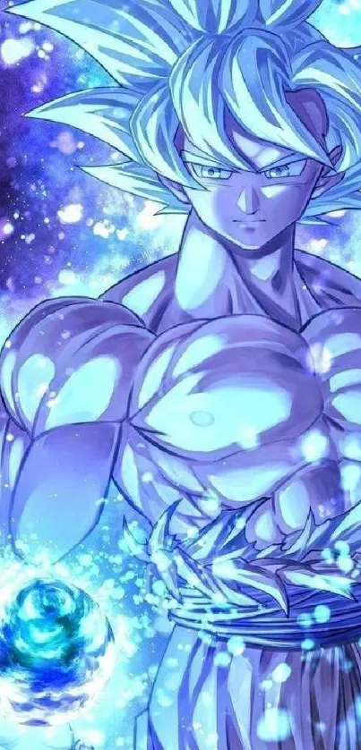 Anime character with blue energy aura and powerful pose.