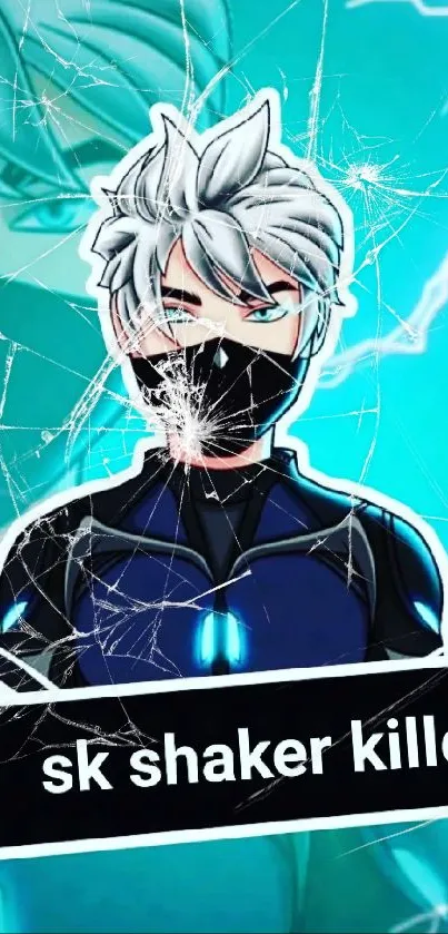 Anime wallpaper featuring a masked character with white hair on an electric blue background.