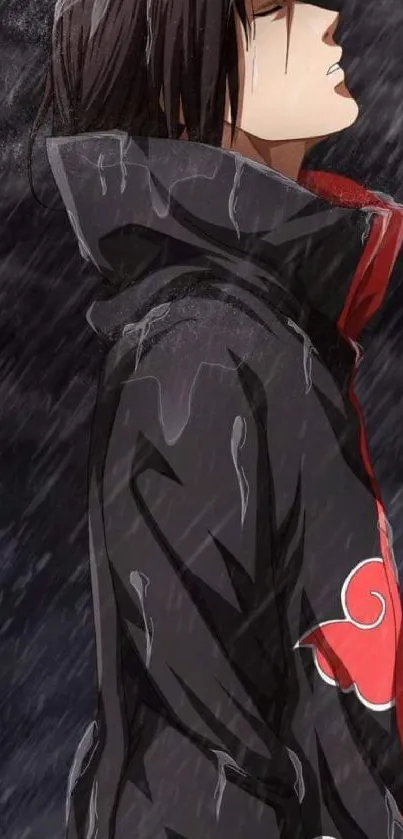 Anime character standing in the rain with dark, brooding atmosphere.