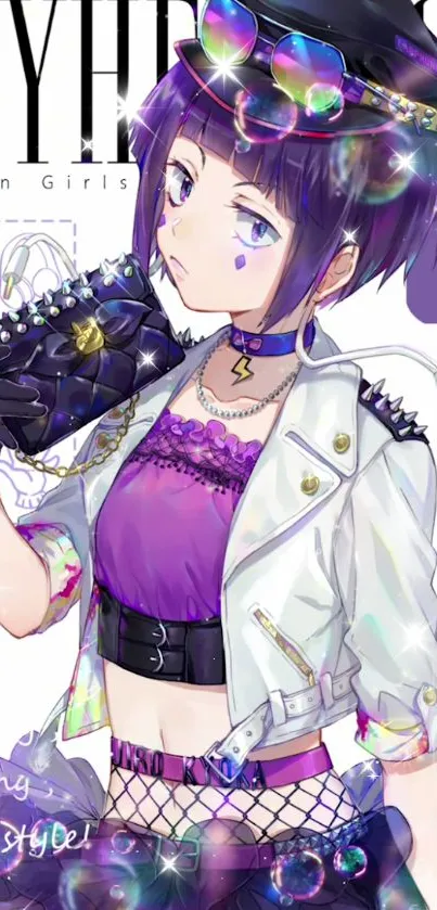 Anime character in punk style with purple hues and fashionable attire.