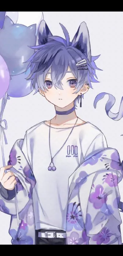 Anime character with purple hair and balloons on stylish wallpaper.