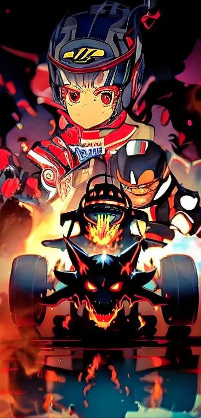 Anime racing character with fiery vehicle and dynamic background.