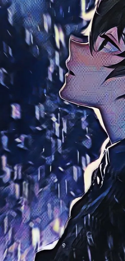 Anime character in rain with dark blue tones.