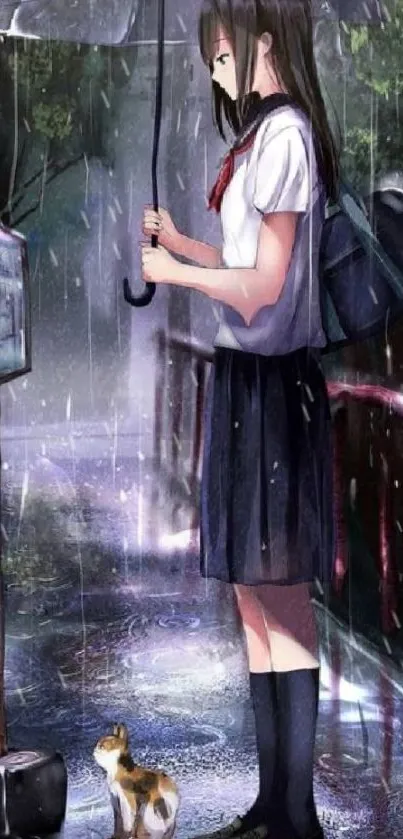 Anime girl with umbrella in rain, digital art wallpaper scene.