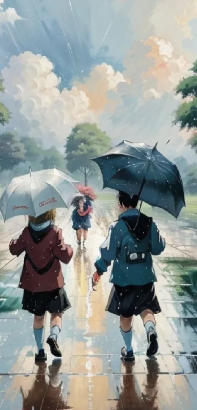 Anime characters walking with umbrellas on a rainy day path.