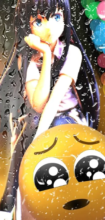 Anime girl with rain and emoji in vibrant wallpaper scene.