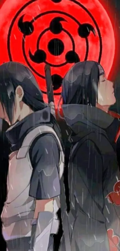 Two anime characters in rain with red symbol backdrop.