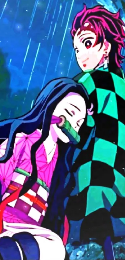 Anime characters in a rainy night scene, vibrant colors.