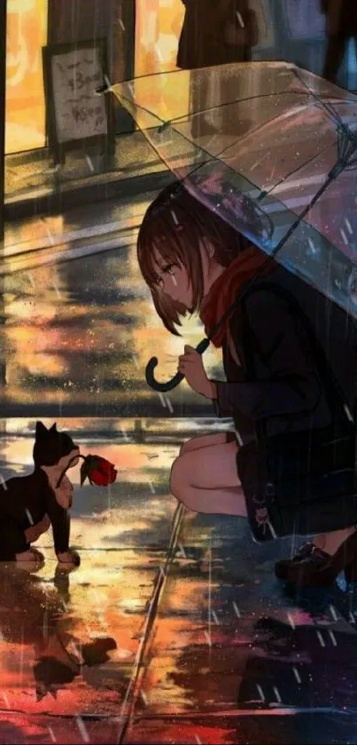 Anime character with cat under umbrella on rainy night.