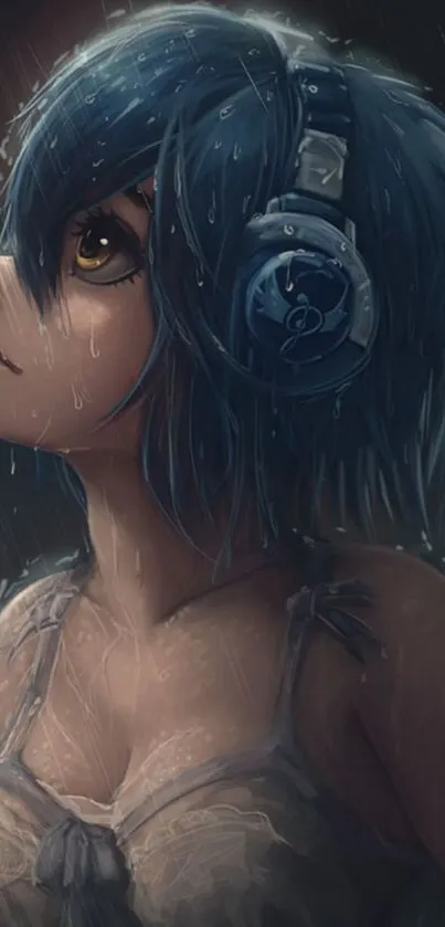 Anime girl with blue hair and headphones in the rain, looking upwards.