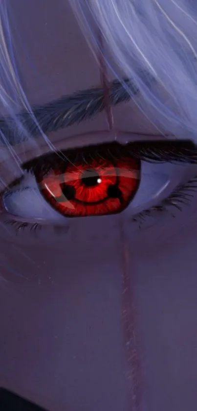 Close-up of anime-style red eye with purple tint.