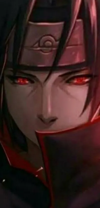 Anime character with red eyes and dark hues showcasing intense expression.