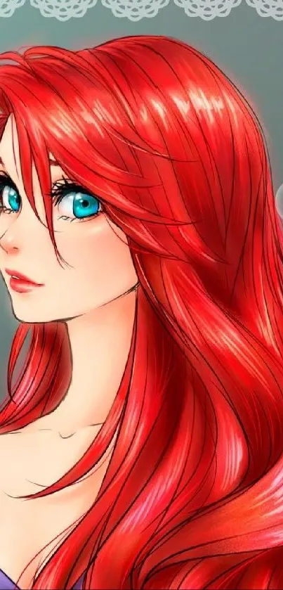 Anime character with red hair and blue eyes on a colorful wallpaper background.