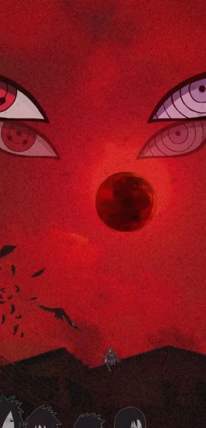 Anime wallpaper with red moon and intense eyes.