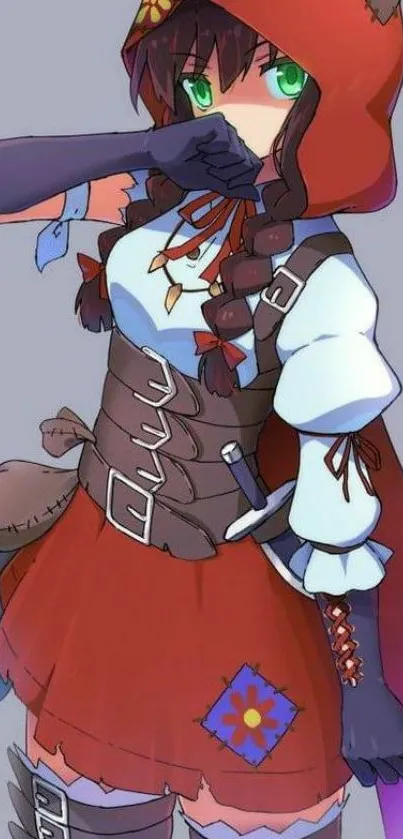 Anime Red Riding Hood character with vibrant red and blue attire.