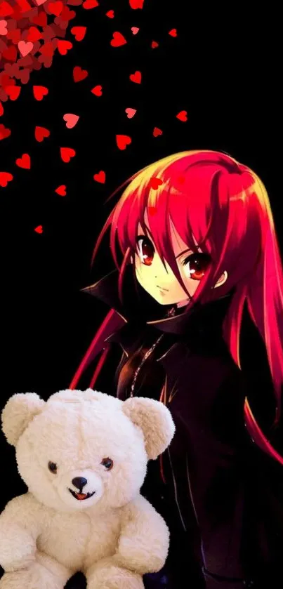 Anime girl with red hair and teddy on a black wallpaper with hearts.