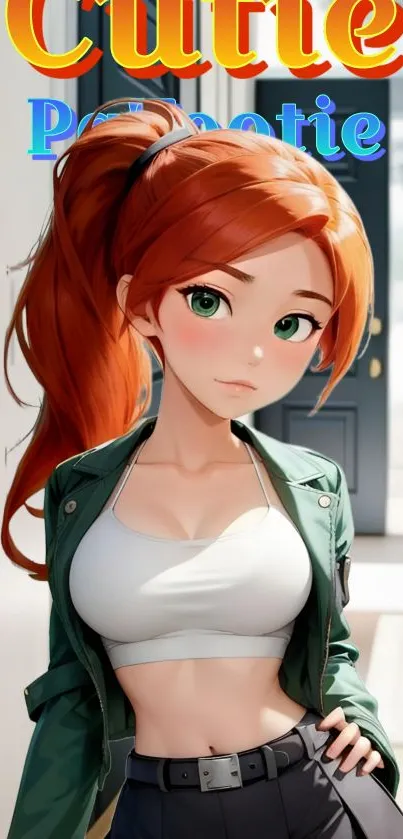 Anime redhead girl with green eyes and stylish outfit wallpaper.