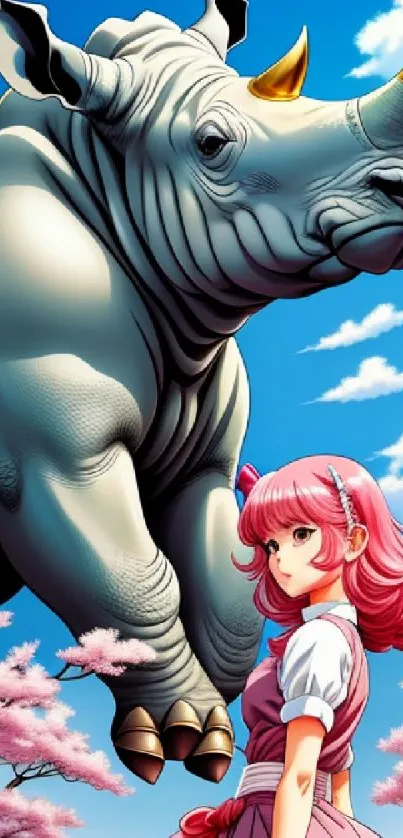 Anime artwork of a rhino and pink-haired girl under a blue sky with cherry blossoms.
