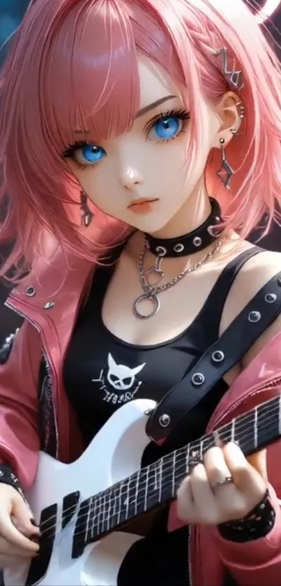 Anime girl with pink hair and guitar in vibrant art style.