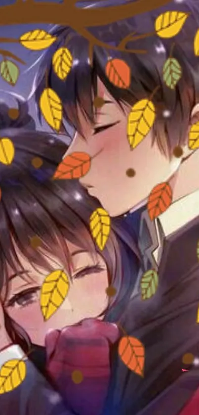 Anime couple embracing under autumn leaves