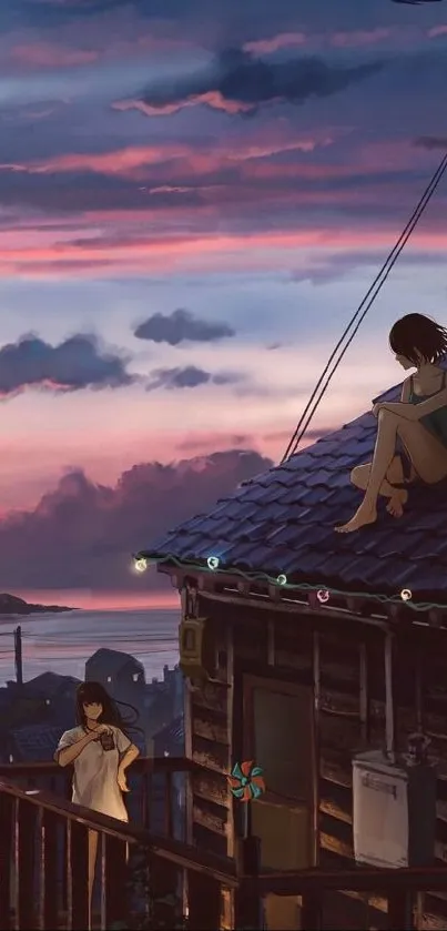 Anime characters on rooftop at sunset, serene scene.