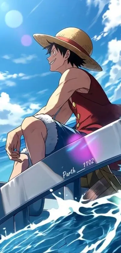 Anime sailor on boat with ocean view and blue sky.