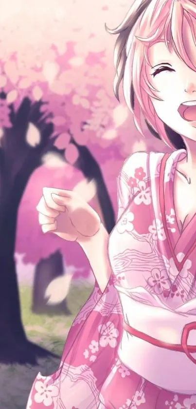 Anime girl smiling in pink kimono, surrounded by cherry blossoms.