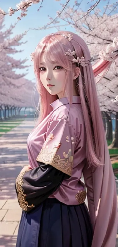 Anime girl amid cherry blossom path, serene scene.