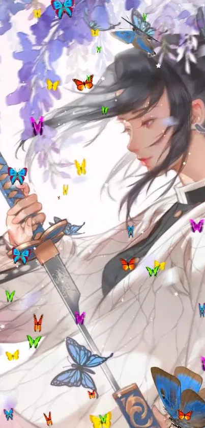 Anime samurai with sword surrounded by colorful butterflies on lavender background.