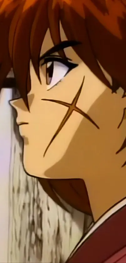 Anime samurai character with a scar and brown hair in profile view.