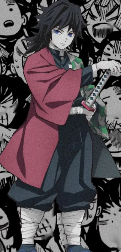 Anime samurai character in red against monochrome backdrop.