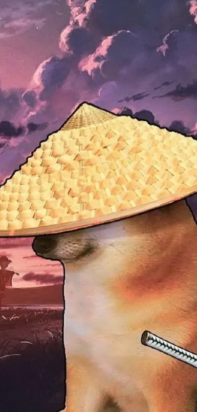 Samurai-themed dog in straw hat with sunset anime sky.