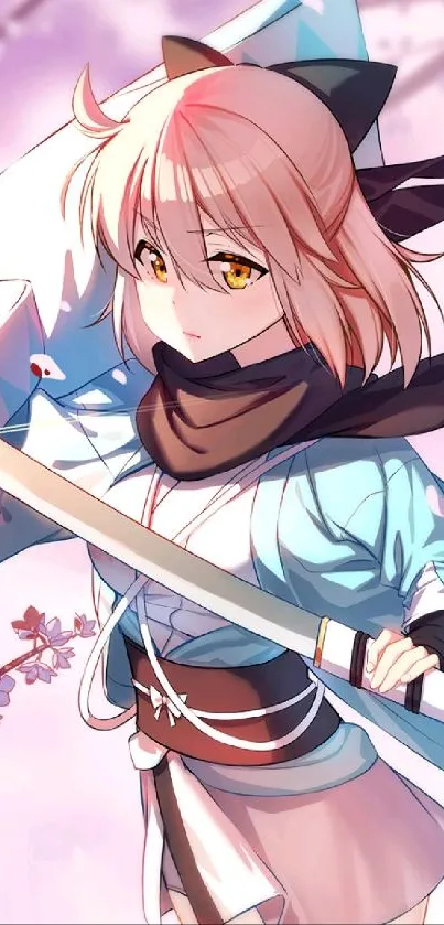 Anime samurai girl with sword and cherry blossoms.