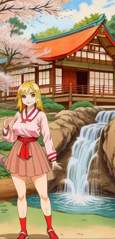 Anime character by waterfall with traditional house in background.